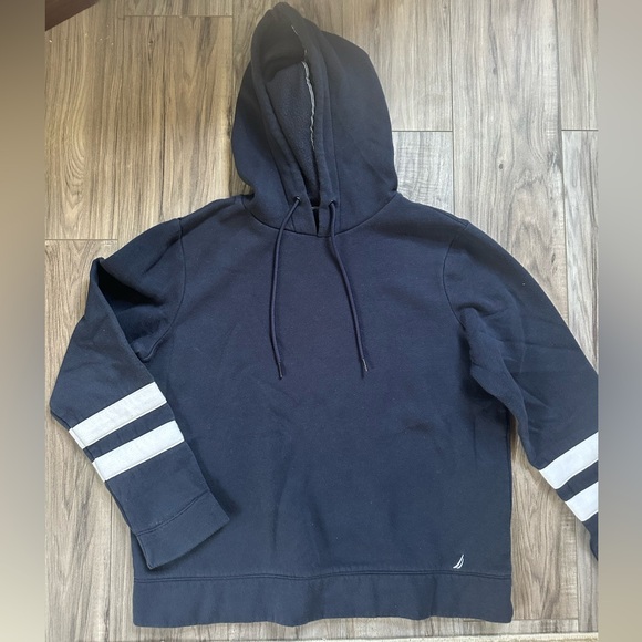 Nautica Dark Blue Hooded Sweatshirt with White Stripes Classic Size Small - Picture 1 of 6
